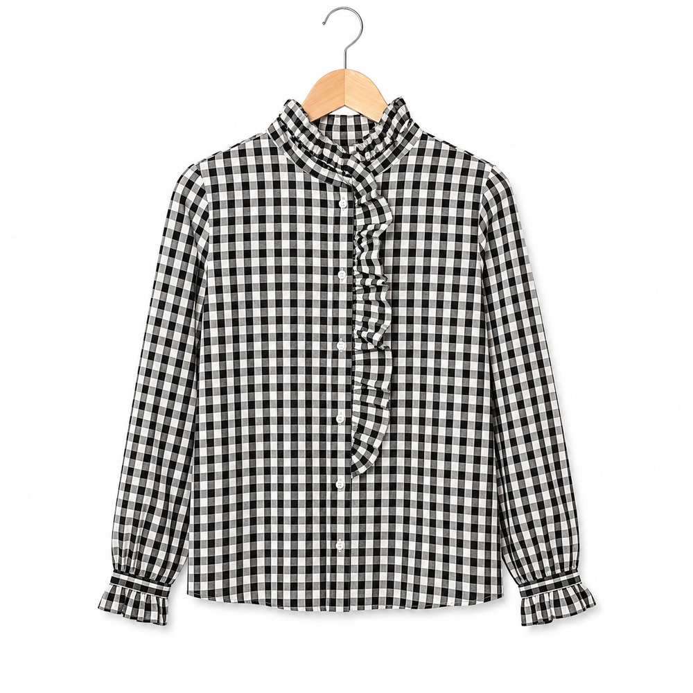 J Crew Blouse Womens Size 0 Black White Gingham Poplin 100% Cotton Ruffle Twee